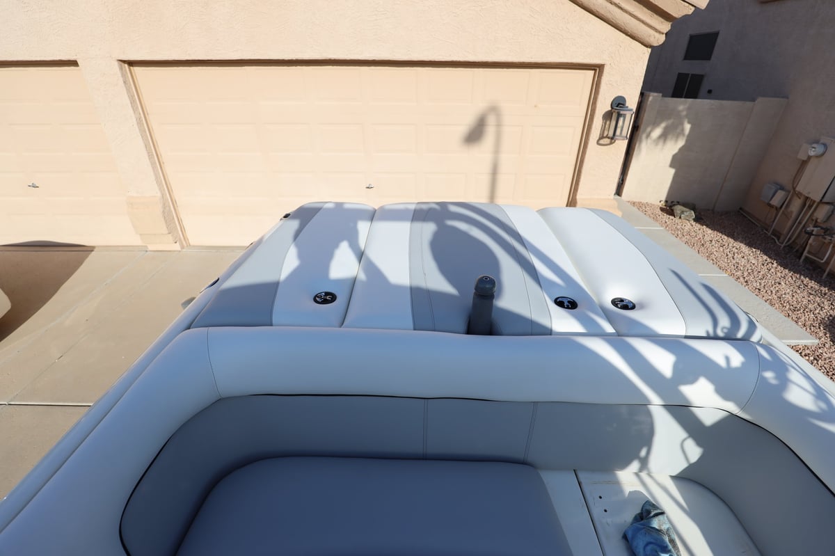 After: 2008 Supreme V220 sundeck and windshield freshly reupholstered, viewed from above